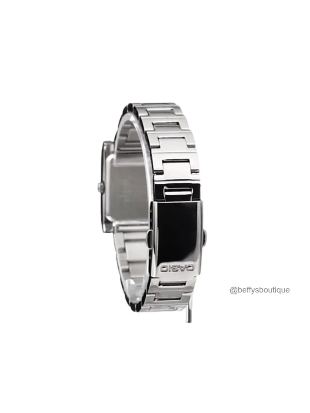 Square Quartz Watch Silver Stainless Steel Bracelet White Dial Fold-Over Clasp